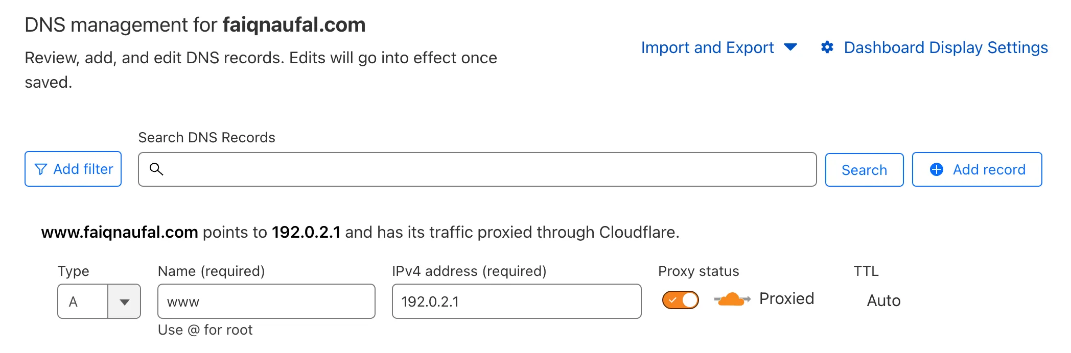 Image of adding a new DNS record Image of adding a new DNS record