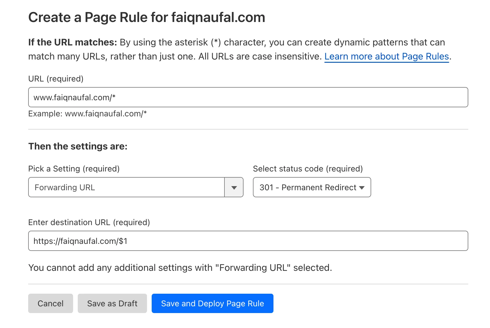 Image of creating a new page rule Image of creating a new page rule