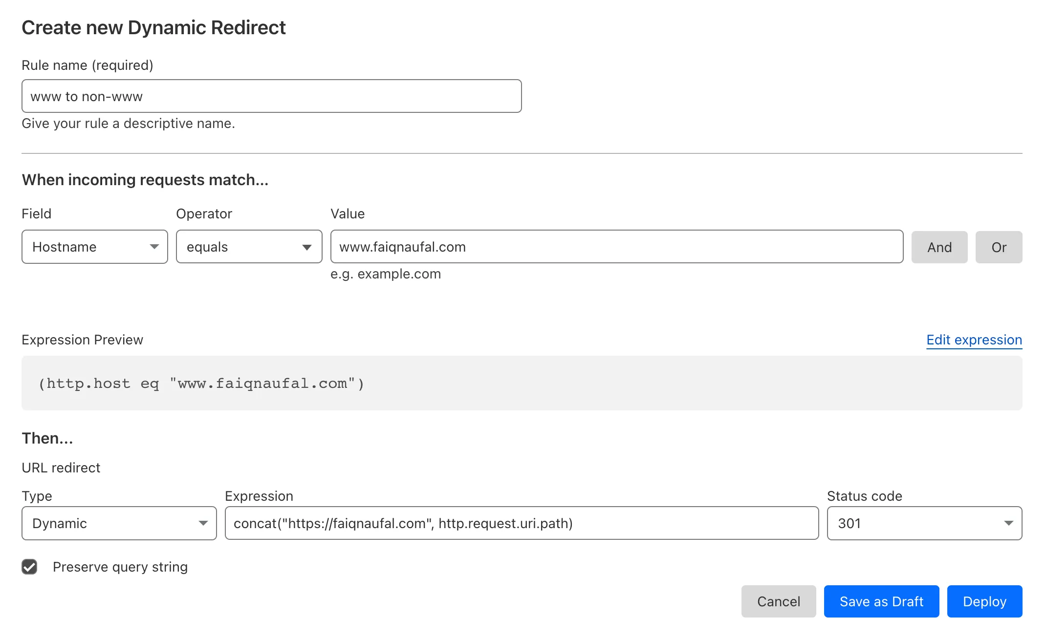 Image of creating a new single redirect rule with dynamic type Image of creating a new single redirect rule with dynamic type